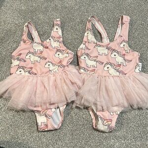 HUXBABY twin‎ sister unicorn peplum One piece bathing suit bundle of 2 size 4